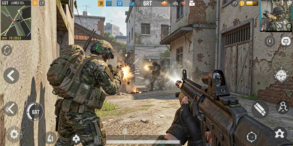 Gameplay 6RT menampilkan aksi tembak-menembak yang mendebarkan di arena pertempuran.