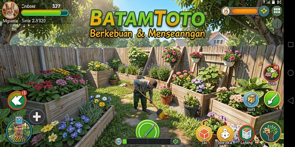Tampilan utama gameplay BATAMTOTO dengan kebun yang indah dan tanaman subur.