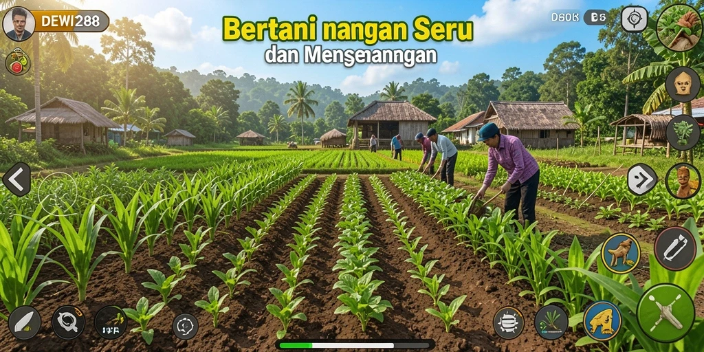 Screenshot DEWI288 menampilkan ladang yang subur dan aktivitas pertanian yang seru.