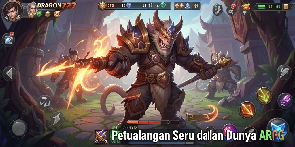Screenshot permainan ARPG yang menampilkan pertempuran epik di DRAGON777.