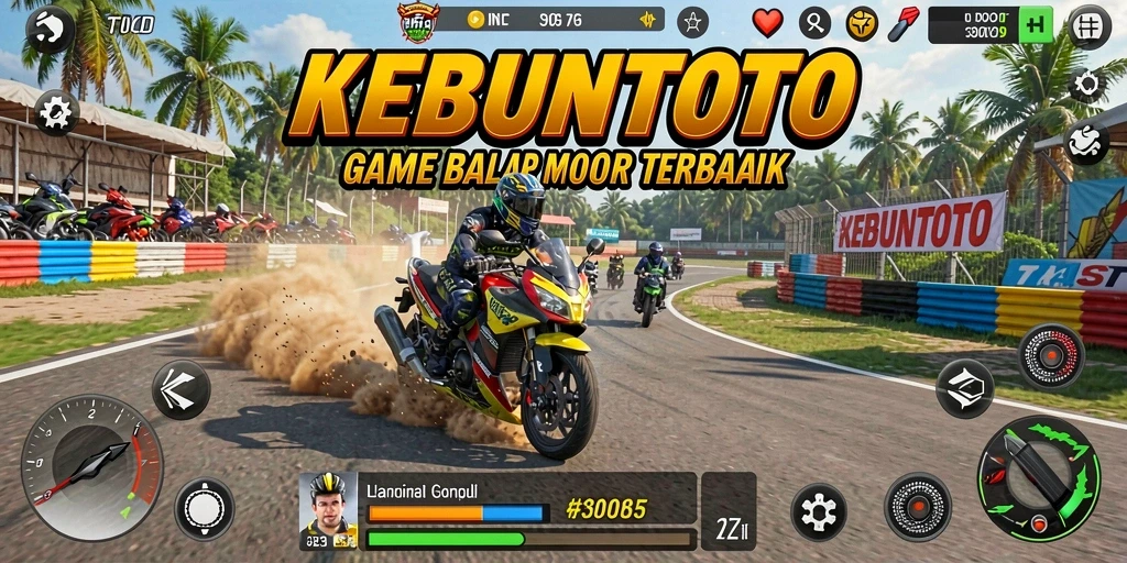 Screenshot gameplay KEBUNTOTO menampilkan balapan seru di trek yang dinamis.