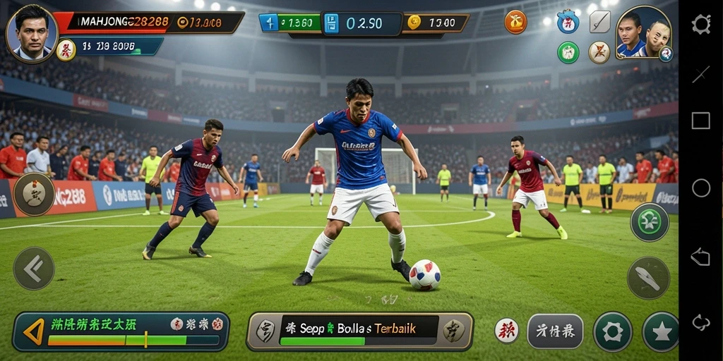Screenshot gameplay MAHJONG288 menampilkan aksi seru di lapangan sepak bola.