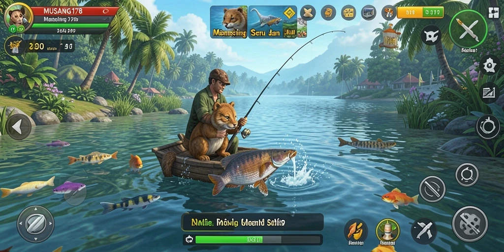 Screenshot gameplay seru dari MUSANG178 yang menunjukkan memancing di lokasi indah.