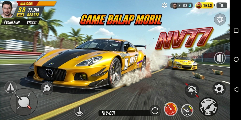 Tangkapan layar gameplay NV77 dengan aksi balapan yang mendebarkan.
