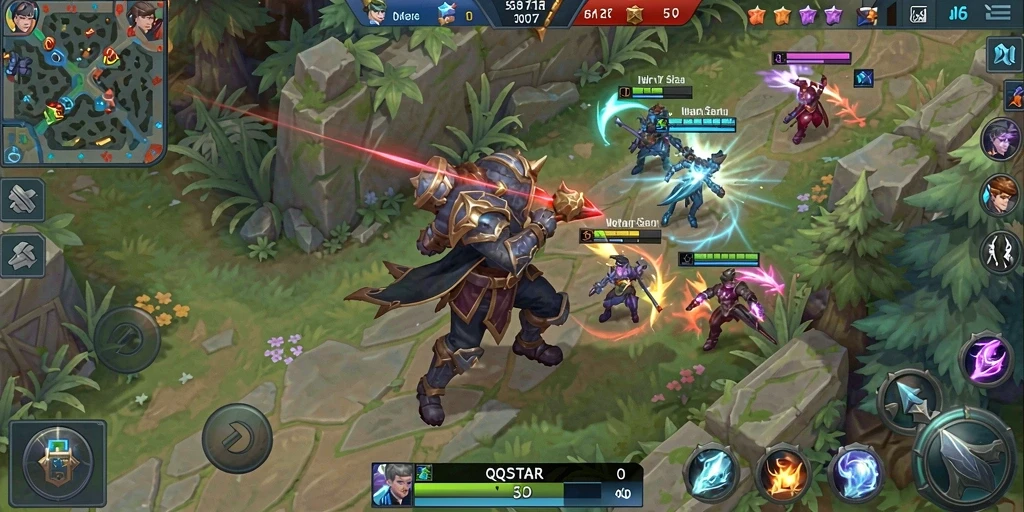 Tampilan penuh aksi gameplay seru dalam QQSTAR, game MOBA yang menantang.