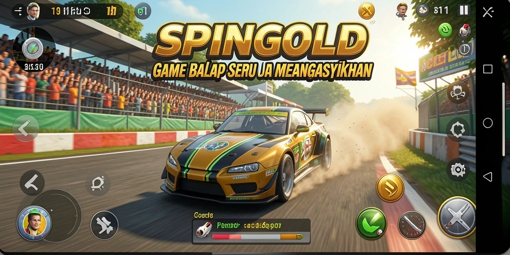Screenshot gameplay SPINGOLD menampilkan balapan mendebarkan di trek yang penuh tantangan.