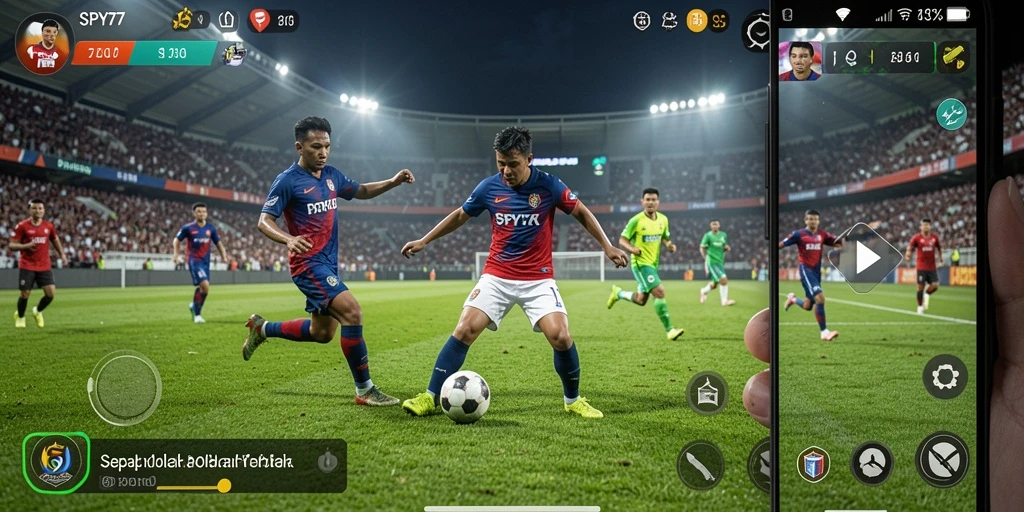 Screenshot dari gameplay SPY77 yang menunjukkan aksi pertandingan sepak bola.