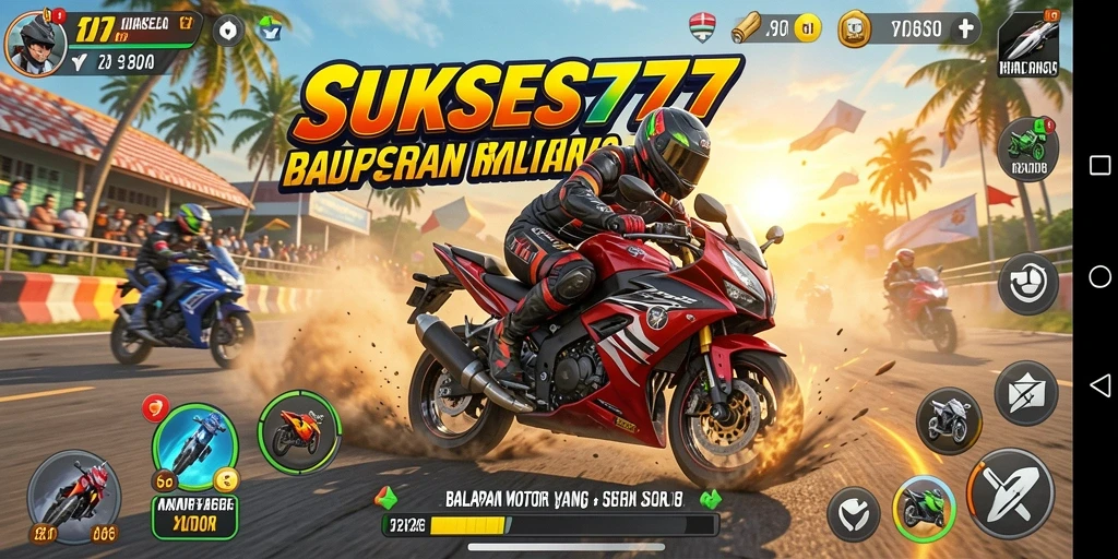 Tampilan gameplay seru dalam SUKSES777 saat balapan motor.