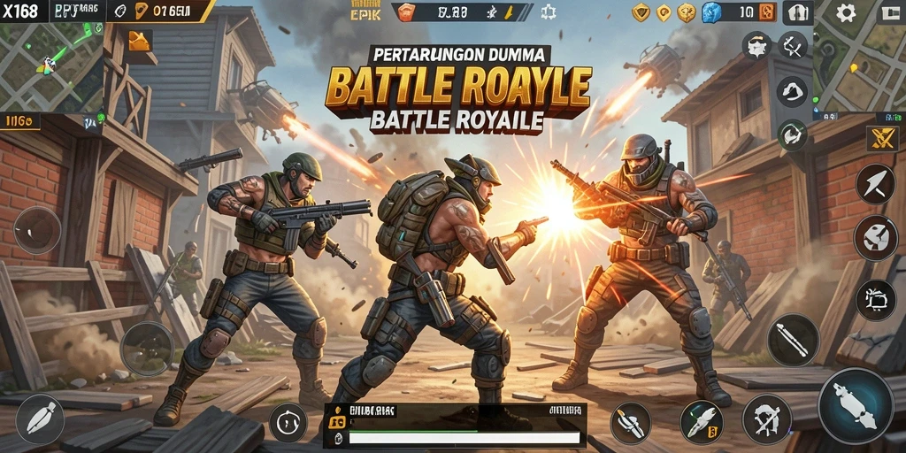 Screenshot gameplay X168 menampilkan pertarungan intens di arena Battle Royale.